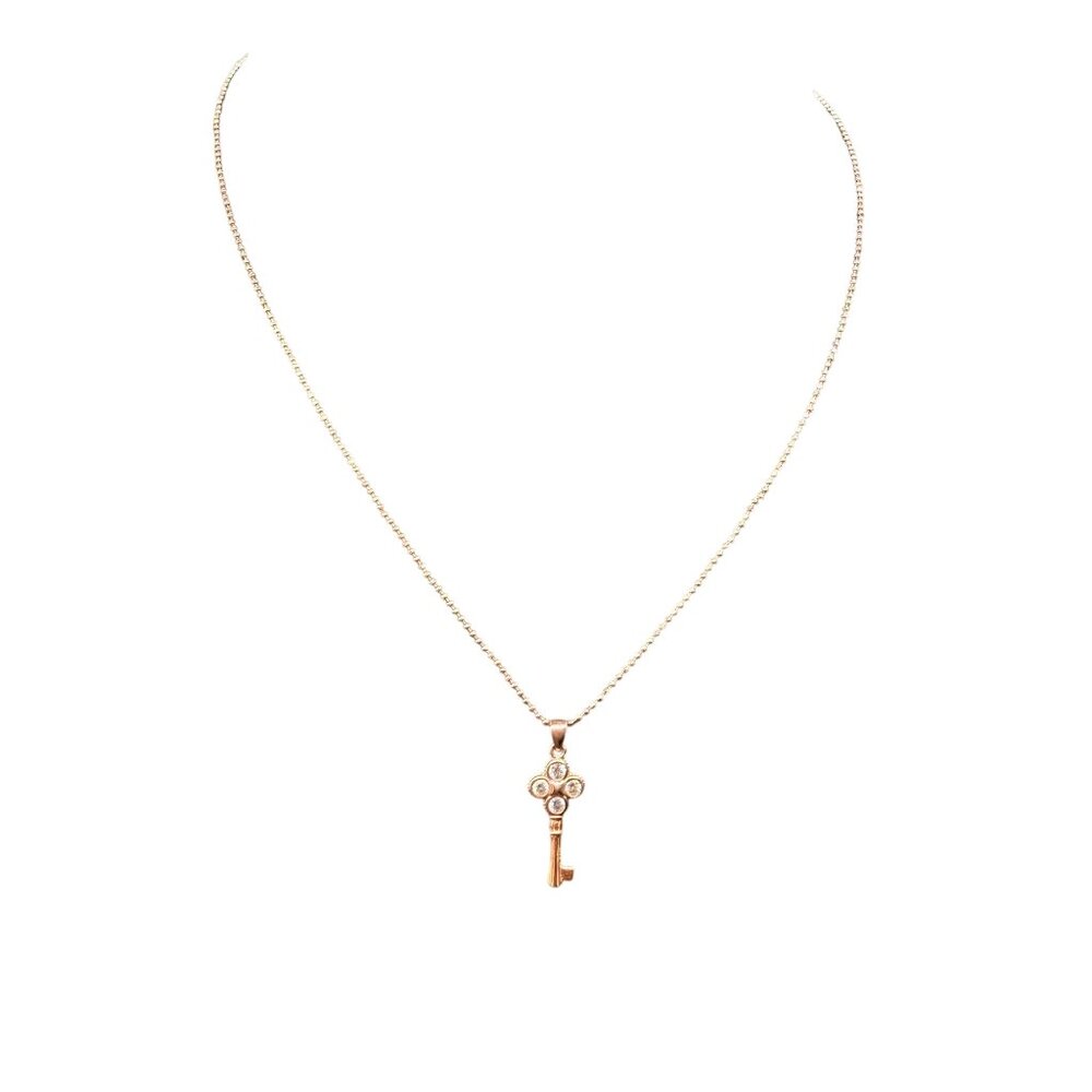 CN 925 Sterling Silver Clear Rhinestone Key Pendant Chain Necklace Gold Tone